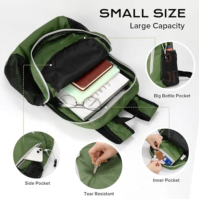 15L Highly Water-resistant Hiking Daypack, Small Backpack Travel Outdoor, Lightweight Day Pack with Tool Loops(Army Green)
