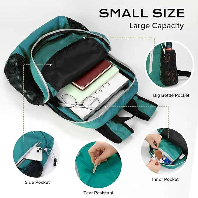 15L Highly Water-resistant Hiking Daypack, Small Backpack Travel Outdoor, Lightweight Day Pack with Tool Loops(Light Green)