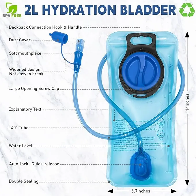 2L Hydration Bladder, Water Bladder for Hiking Backpack, Leak Proof Water Reservoir Storage Bag, BPA-Free Hydration Pack Replacement for Cycling, Hiking, Camping, Hunting, Running, Blue