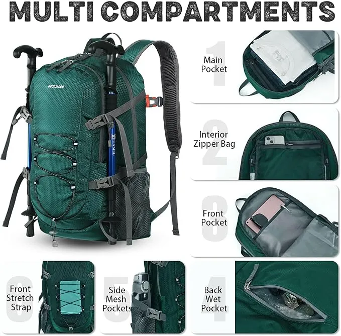 40L Lightweight Hiking Backpack Travel Packable Daypack for Women and Men, Green