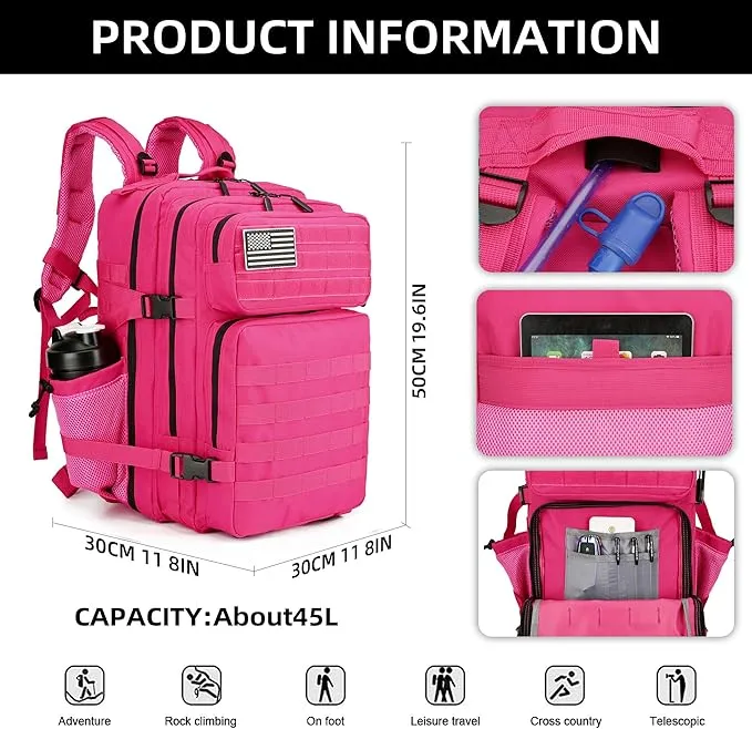 45L Military Tactical Backpack Hiking Backpacks Tactical Gear Camo Back Pack Army Molle Bag Rucksack Fitness Daypack (Pink)