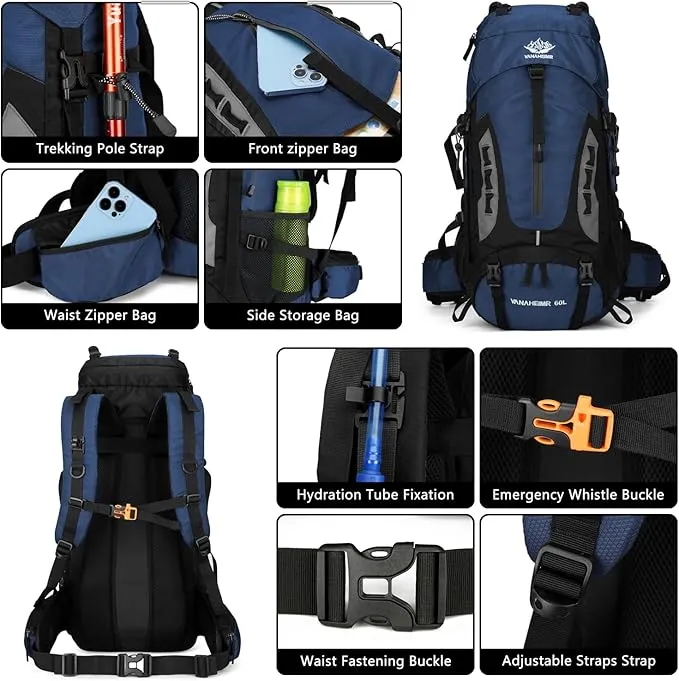 60L Hiking Backpack Men Camping Backpack with rain cover Lightweight Backpacking Backpack Travel Backpack (Dark Blue)