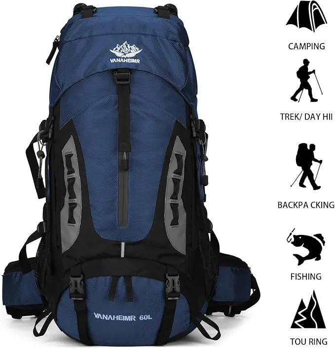 60L Hiking Backpack Men Camping Backpack with rain cover Lightweight Backpacking Backpack Travel Backpack (Dark Blue)