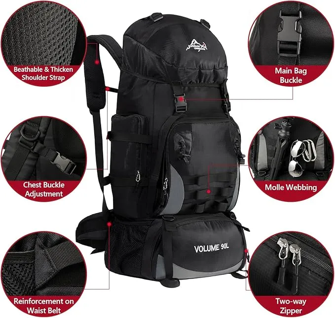 90L Large Camping Hiking Backpack with Rain Cover, Waterproof Molle Rucksack Military Backpack (Black)