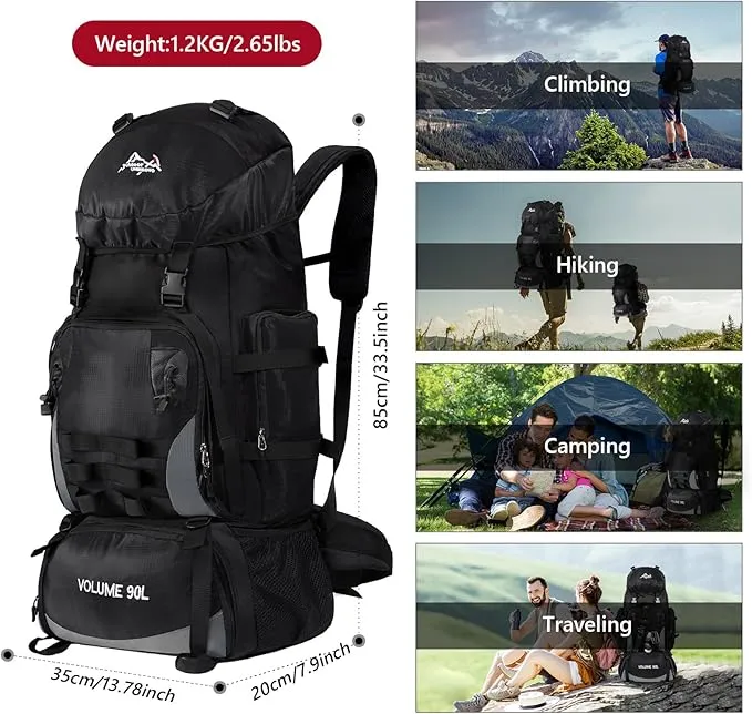 90L Large Camping Hiking Backpack with Rain Cover, Waterproof Molle Rucksack Military Backpack (Black)