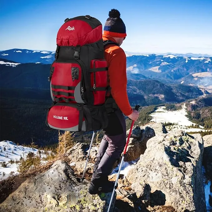 90L Large Camping Hiking Backpack with Rain Cover, Waterproof Molle Rucksack Military Backpack (Red)