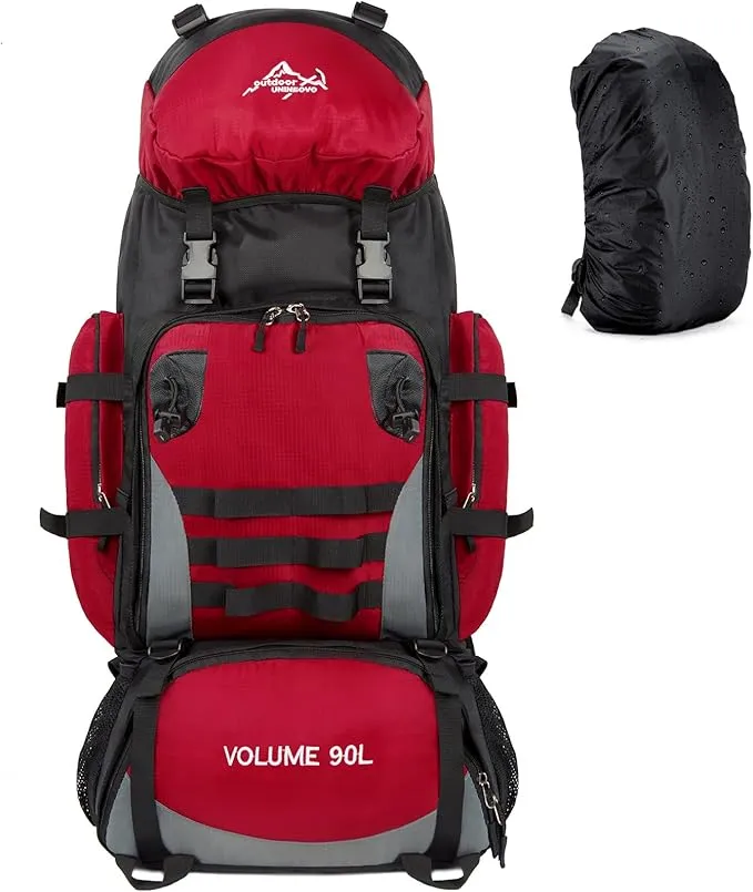 90L Large Camping Hiking Backpack with Rain Cover, Waterproof Molle Rucksack Military Backpack (Red)