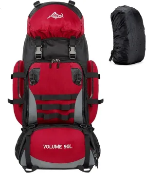 90L Large Camping Hiking Backpack with Rain Cover, Waterproof Molle Rucksack Military Backpack (Red)