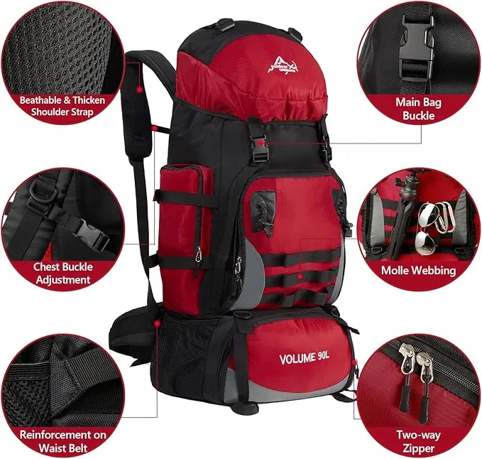 90L Large Camping Hiking Backpack with Rain Cover, Waterproof Molle Rucksack Military Backpack (Red)
