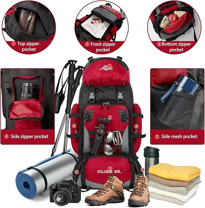 90L Large Camping Hiking Backpack with Rain Cover, Waterproof Molle Rucksack Military Backpack (Red)