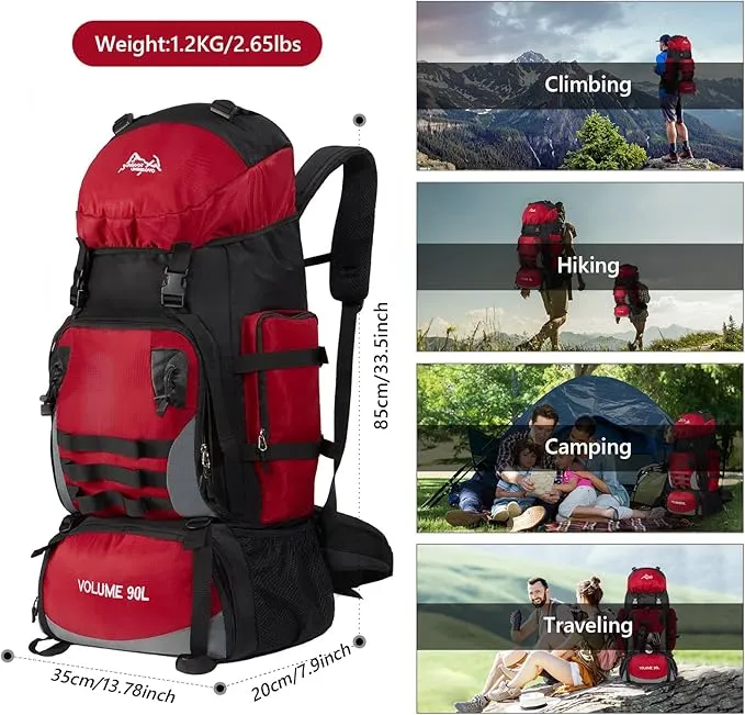 90L Large Camping Hiking Backpack with Rain Cover, Waterproof Molle Rucksack Military Backpack (Red)