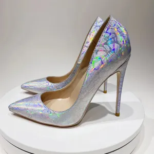 binfenxie Laser Women Embossed Pattern Pointed Toe Stiletto Pumps Fashion Designer High Heels Sparkly Party Shoes Plus Size 33-45