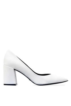 Block Heel White Leather Pumps