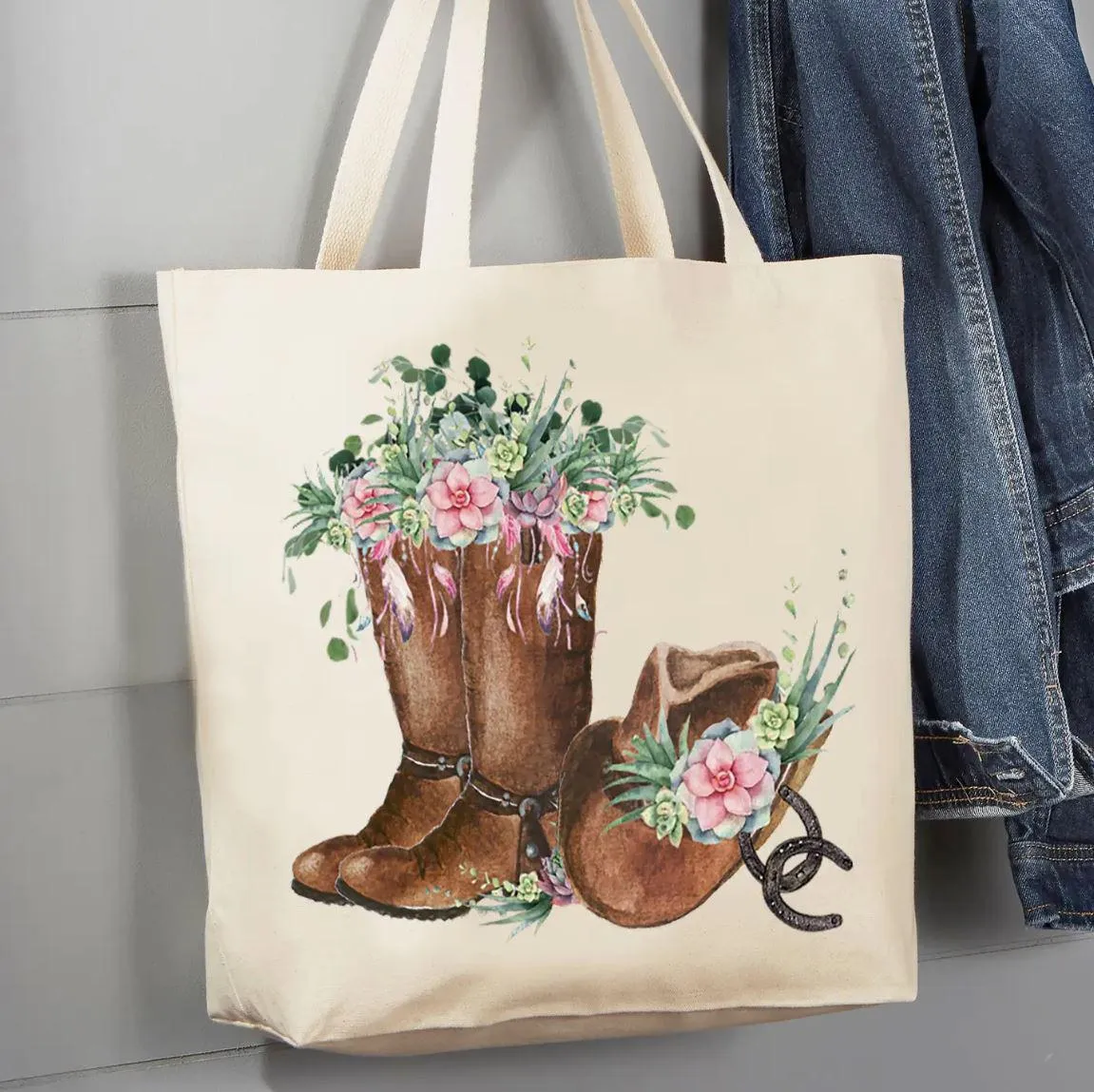 Canvas Tote Bag | Western Cowboy Boots Flowers Southwestern