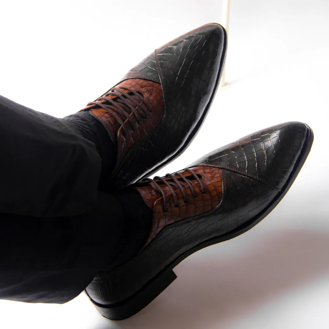 Classic Croco Pointed Toe Lace-ups - Brown/Tan
