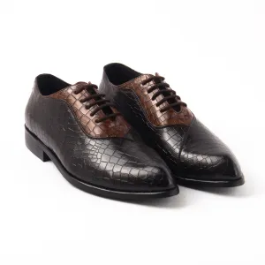 Classic Croco Pointed Toe Lace-ups - Brown/Tan