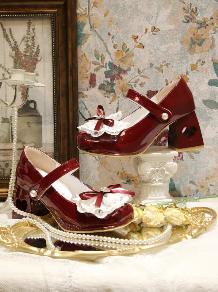 Elegant French Square Lace Ribbon Shoes Heel Toe Lolita Love