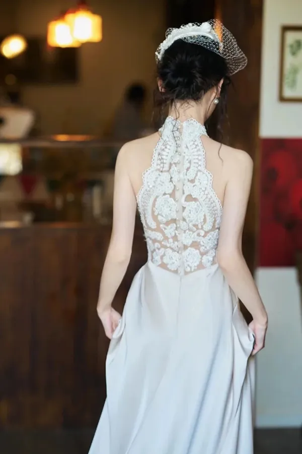 Elegant Lace and Satin Halter Long Wedding Party Dress, Long Formal Gowns PFP2699