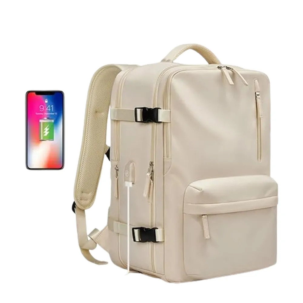 Expandable Travel Backpack Large Water-Resistant Carry on Backpack with Shoe Compartment Beige