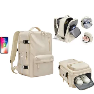 Expandable Travel Backpack Large Water-Resistant Carry on Backpack with Shoe Compartment Beige