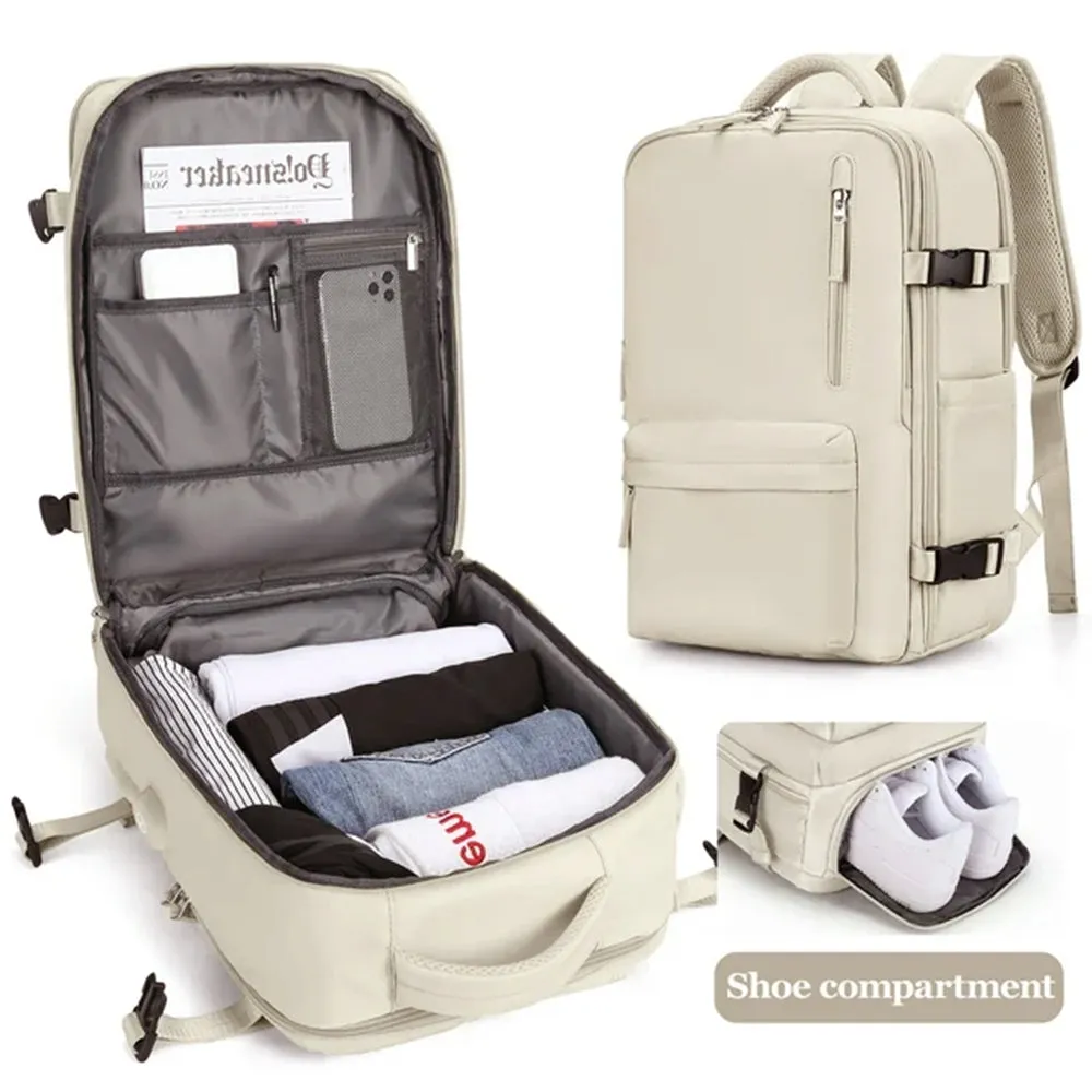 Expandable Travel Backpack Large Water-Resistant Carry on Backpack with Shoe Compartment Beige