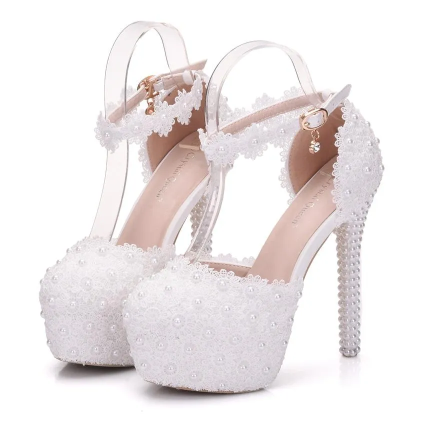 Floral lace platform super high heel ankle strap wedding sandals 5.5"