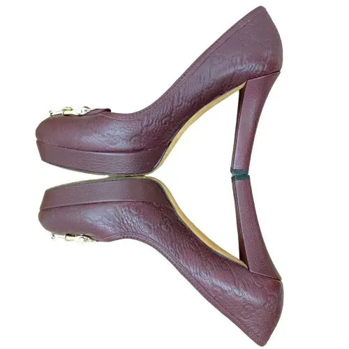 GUCCI Burgundy Leather Monogram Horsebit Platform Pumps, Size 37.5