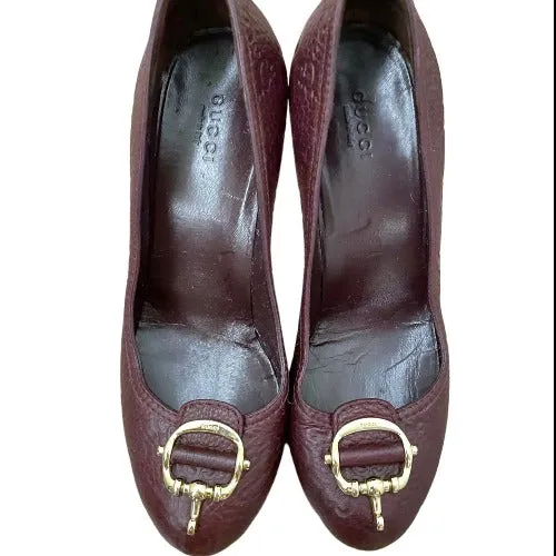 GUCCI Burgundy Leather Monogram Horsebit Platform Pumps, Size 37.5