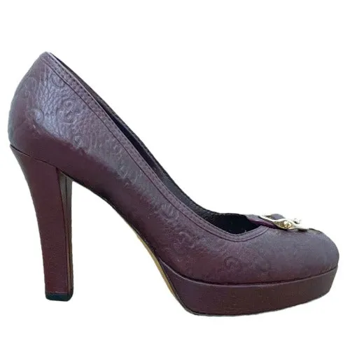GUCCI Burgundy Leather Monogram Horsebit Platform Pumps, Size 37.5