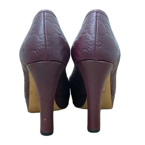 GUCCI Burgundy Leather Monogram Horsebit Platform Pumps, Size 37.5