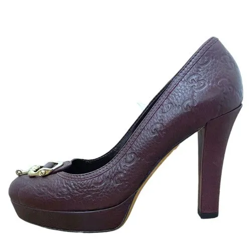 GUCCI Burgundy Leather Monogram Horsebit Platform Pumps, Size 37.5