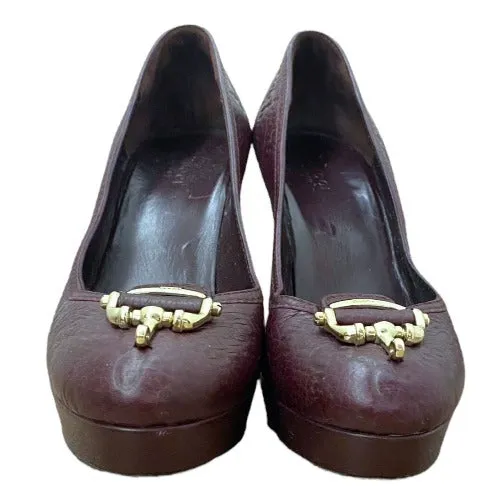 GUCCI Burgundy Leather Monogram Horsebit Platform Pumps, Size 37.5