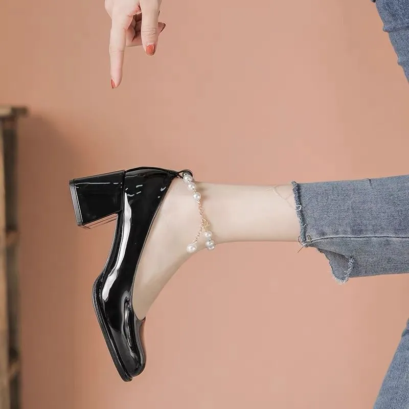 Joskaa Thick Mary Janes Shoes Lolita Women High Heels Shoes Summer 2024 New Sexy Pumps Sandals Luxury Beaded Chain Party Mujer Shoes
