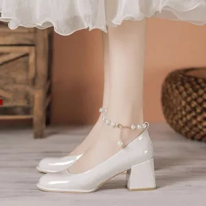 Joskaa Thick Mary Janes Shoes Lolita Women High Heels Shoes Summer 2024 New Sexy Pumps Sandals Luxury Beaded Chain Party Mujer Shoes
