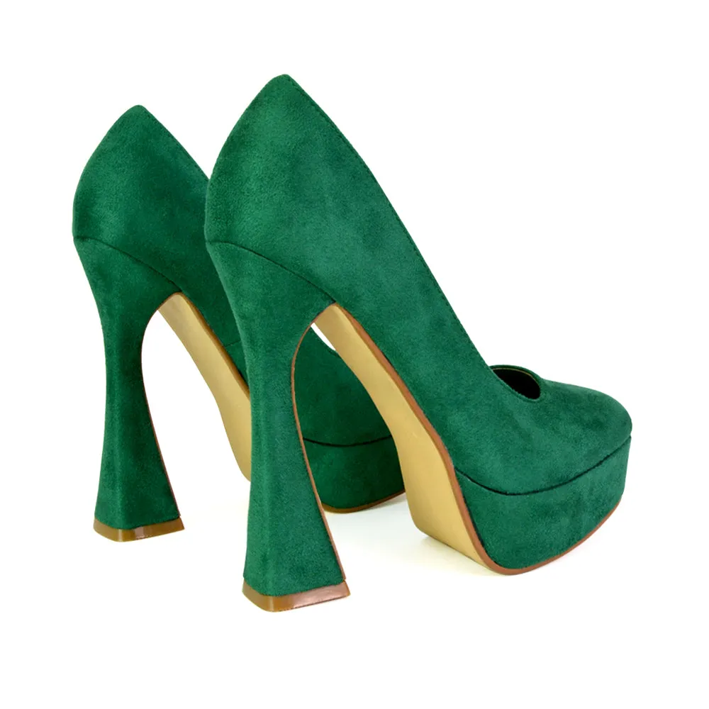 Karlie Flared Curved Stiletto Platform High Heel Court Shoes in Green