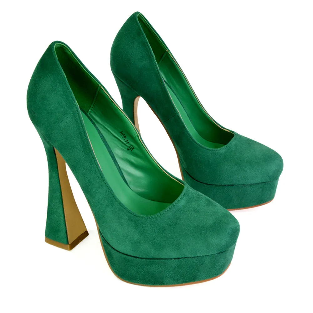 Karlie Flared Curved Stiletto Platform High Heel Court Shoes in Green
