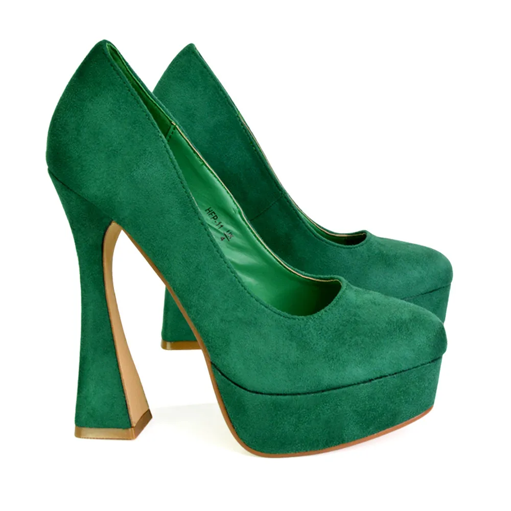 Karlie Flared Curved Stiletto Platform High Heel Court Shoes in Green