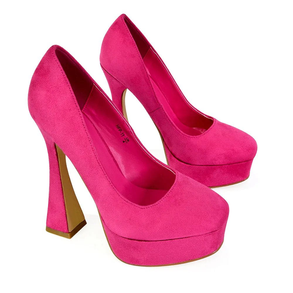 Karlie Flared Curved Stiletto Platform High Heel Court Shoes in Green