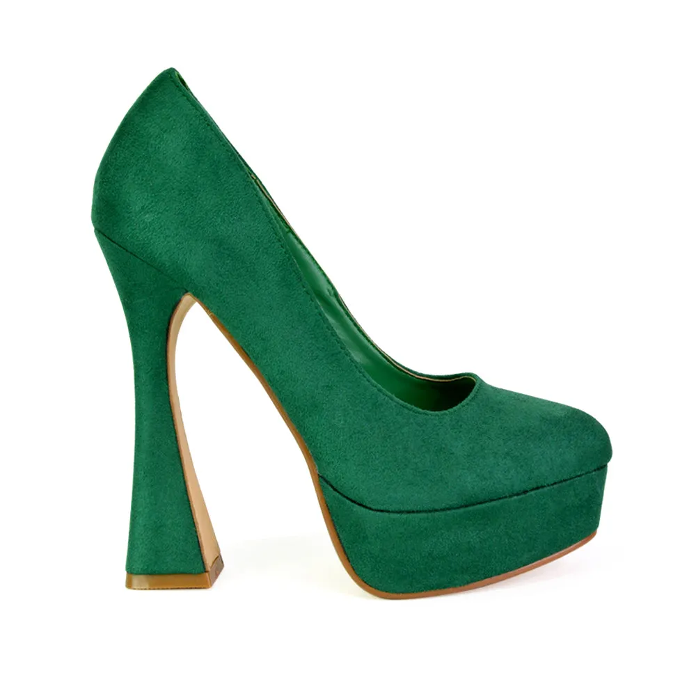 Karlie Flared Curved Stiletto Platform High Heel Court Shoes in Green