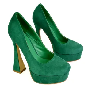 Karlie Flared Curved Stiletto Platform High Heel Court Shoes in Green