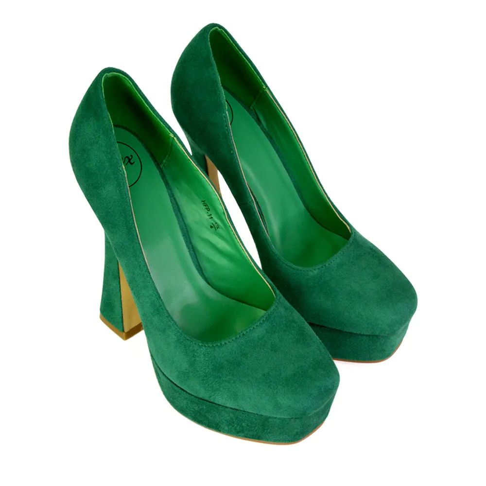 Karlie Flared Curved Stiletto Platform High Heel Court Shoes in Green