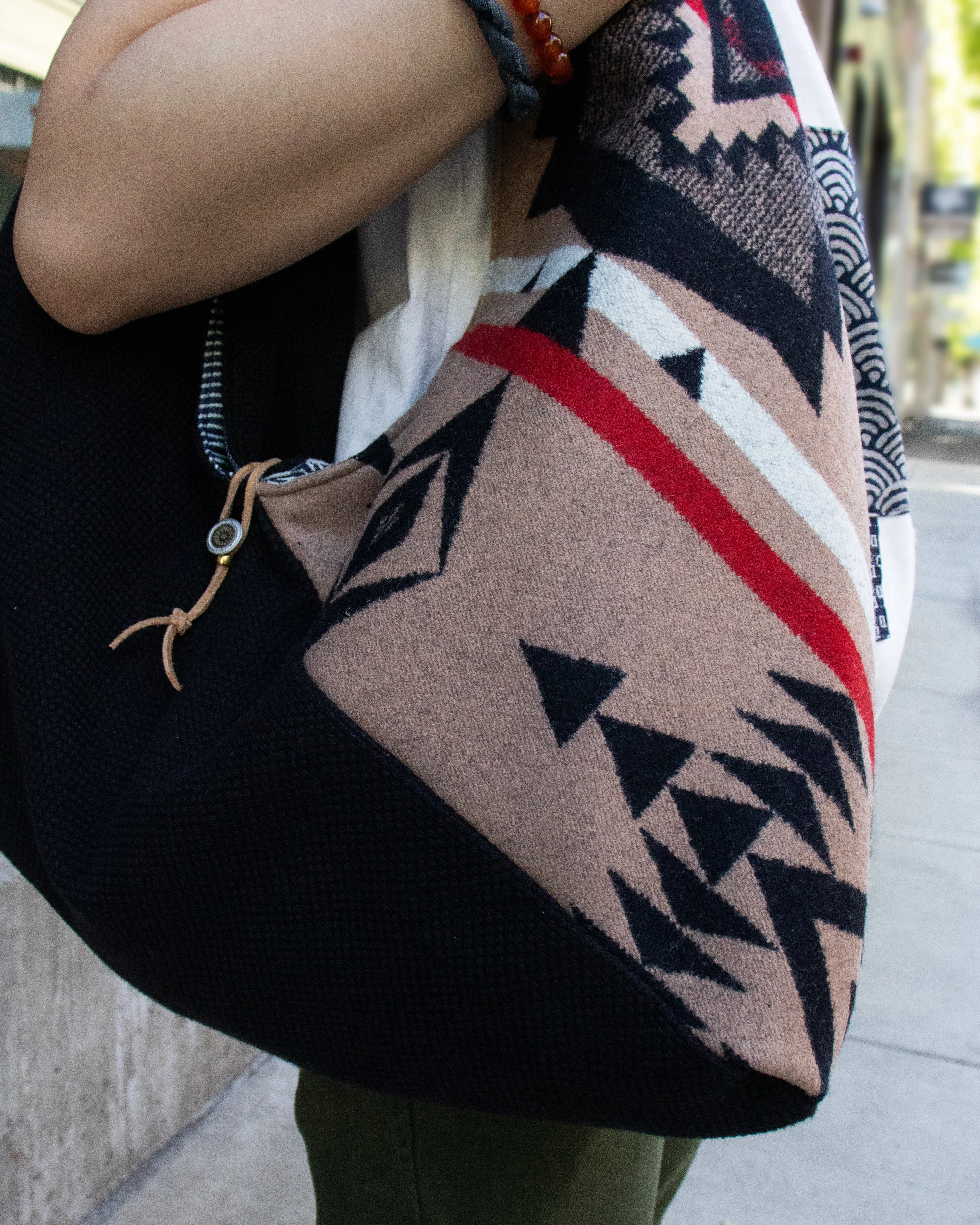 Kiriko Original Tsuno Tote, Sashi-Ori, Black with Tan and Red Wool Pendleton Fabric