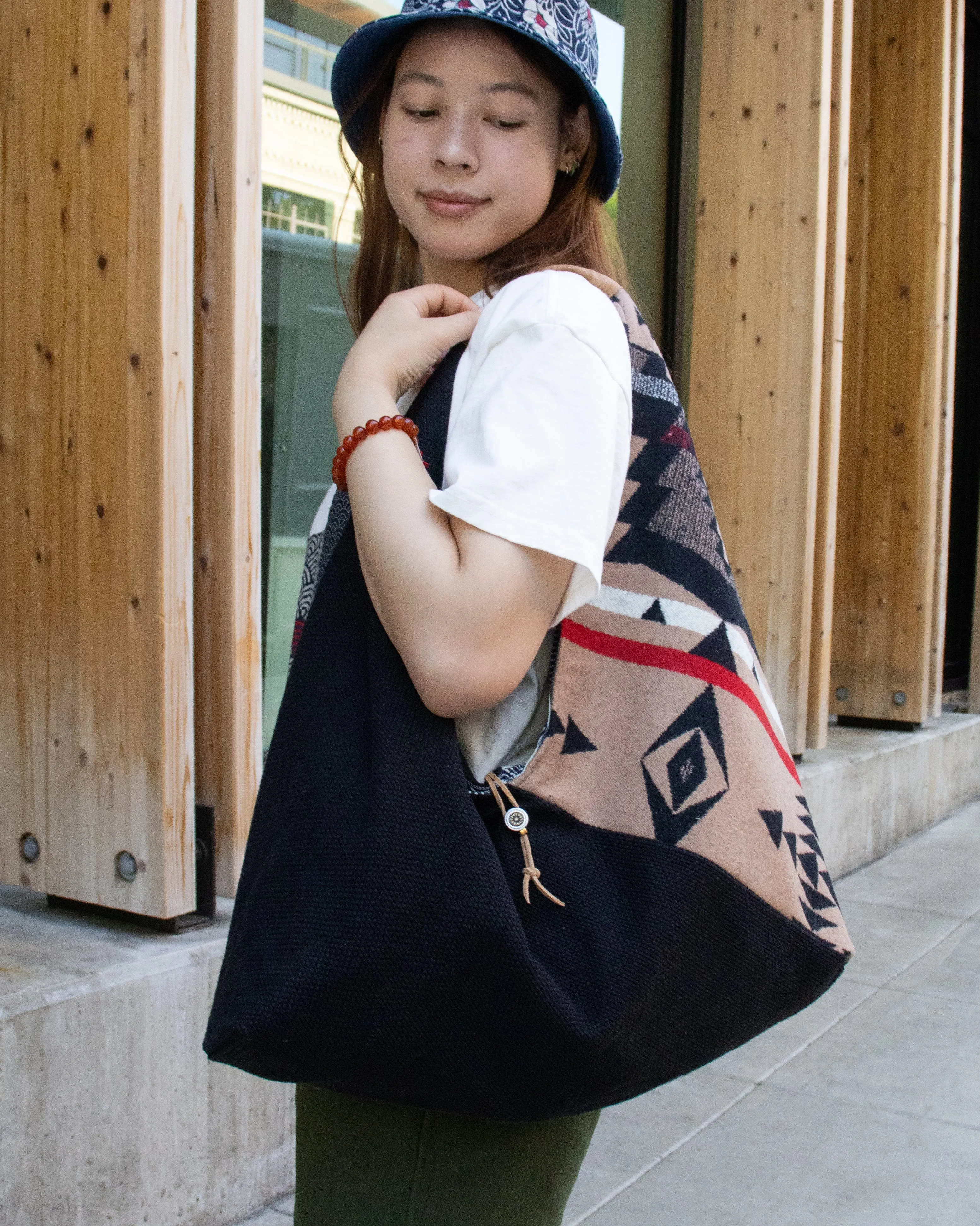 Kiriko Original Tsuno Tote, Sashi-Ori, Black with Tan and Red Wool Pendleton Fabric