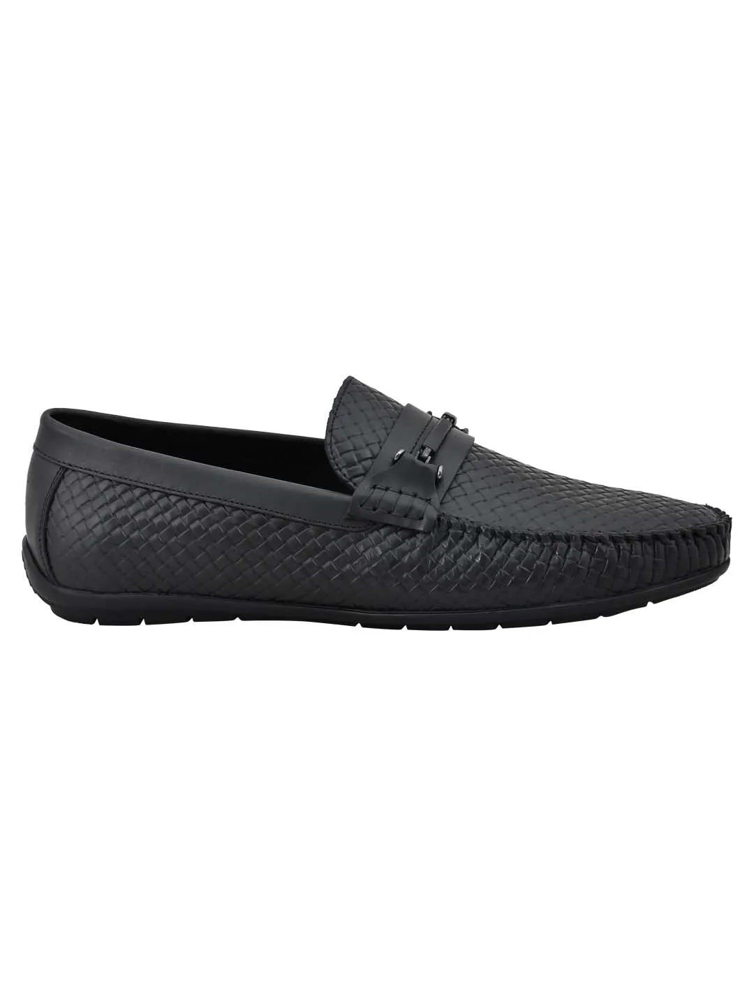 Men Black Basket Weave Textured Loafers