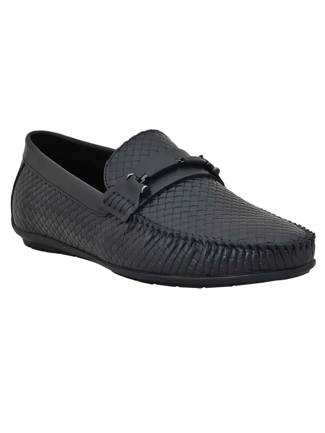 Men Black Basket Weave Textured Loafers