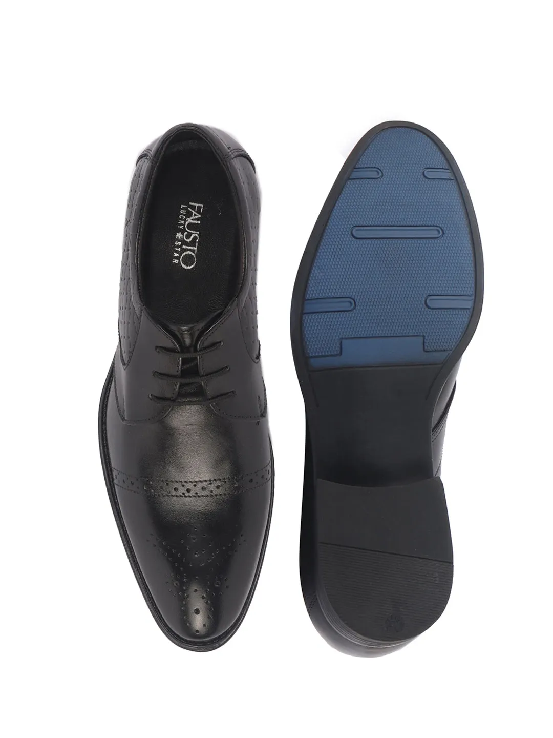 Men Black Genuine Leather Formal Lace Up Shoes for Work|Wingtip Brogue Shoes with Anti Skid Sole