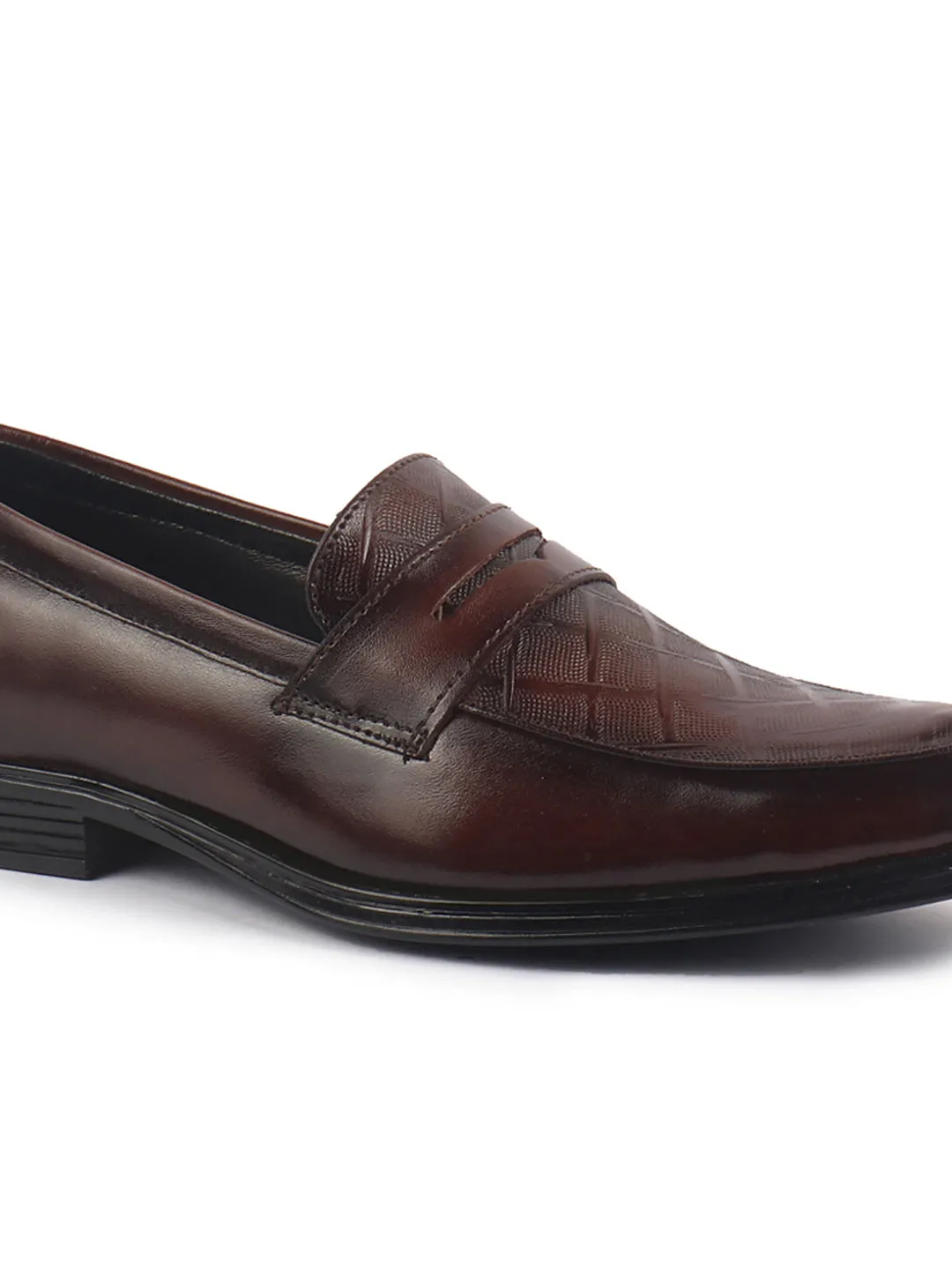 Men Brown Genuine Leather Formal Textured Slip On Shoes for Office Meetings|All Day Long Comfort With Soft Cushioned