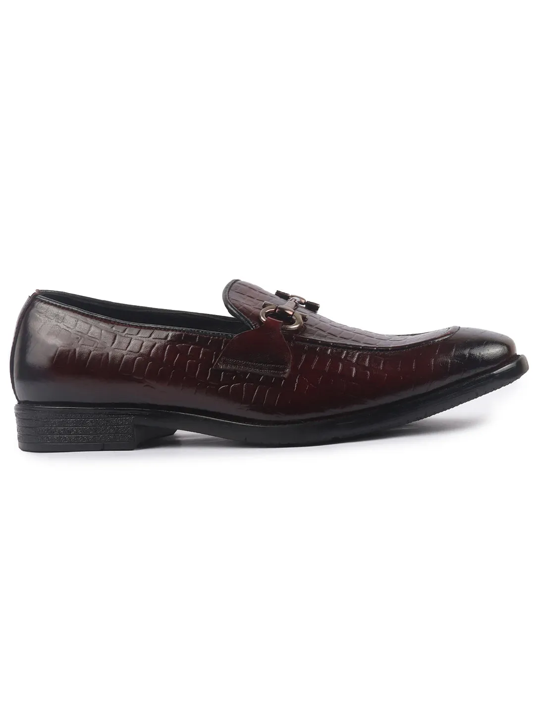 Men Brown Genuine Leather Horsebit Buckle Textured Office Formal Slip On Shoes|Slip Resistant Sole with Memory Cushioned
