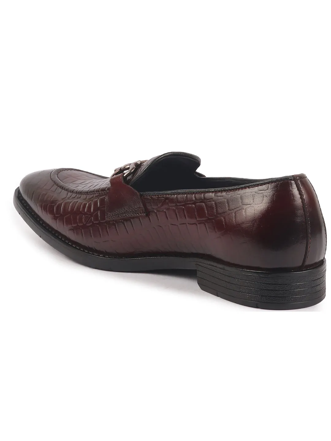 Men Brown Genuine Leather Horsebit Buckle Textured Office Formal Slip On Shoes|Slip Resistant Sole with Memory Cushioned