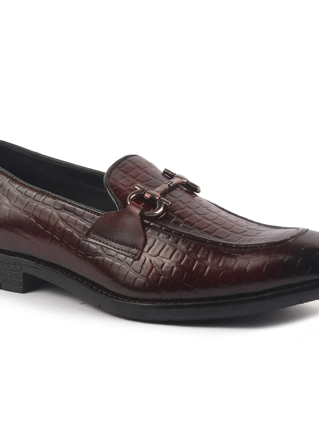 Men Brown Genuine Leather Horsebit Buckle Textured Office Formal Slip On Shoes|Slip Resistant Sole with Memory Cushioned
